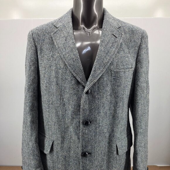 Jos A Bank Mens Harris Tweed  Blue Gray  Herringbone Unstructured Sports Coat 44 - Picture 1 of 10